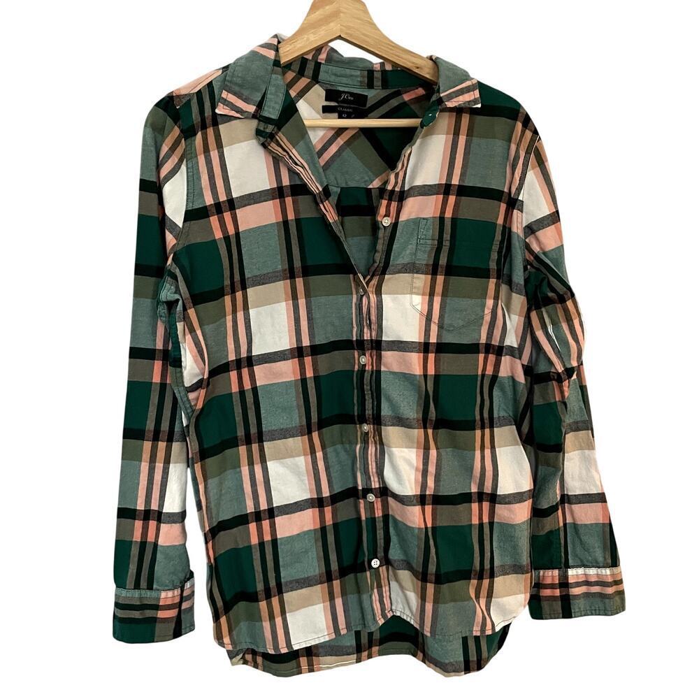 J.Crew classic green checkered button down top women's size 12 cotton preppy